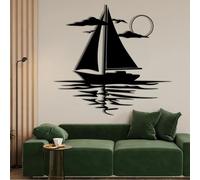 Décoration Murale en métal Noir représentant Un voilier au Coucher du Soleil, Sculpture Moderne inspirée de l'océan, idéale pour Le Salon, la Chambre, Le Couloir et Les escaliers (Noir, 79 c
