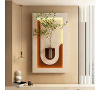 Décoration Murale LED 3D avec lumière, Tableau décoratif en grès pour entrée avec Plante Artificielle et Vase, Sculpture Murale Moderne pour Salon, Chambre ou Couloir (Marron 50 x 87 cm / 19