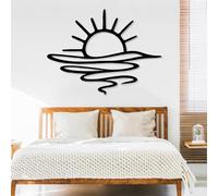 Décoration Murale Minimaliste en métal Noir représentant Un Soleil et l'océan au Lever du Soleil sur la côte, Sculpture Moderne pour Salon, Chambre, Couloir et escalier (Noir, 132 cm de Long
