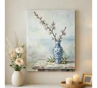 Décoration murale motif vase bleu printanier, impression florale aquarelle, décoration d'intérieur élégante pour salon, chambre à coucher, bureau, toile enveloppée 40,6 x 50,8 cm
