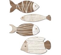 Décoration murale poissons bois naturel, lot de 4 poissons rayés tons beige blanc, MDF style marin bord de mer. Déco coast - Poisson