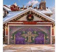 Décoration murale religieuse en vitrail en forme de croix de Noël pour | Art du vitrail, drapeau de porte de garage, thème religieux, accents de branches de pin, éléments aux chandelles