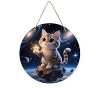 Décoration murale ronde en bois avec chat spatial et galaxie - Plaque rustique vintage à suspendre - Fait à la main - Décoration murale d'intérieur pour chambre à coucher, salon, ferme, salle de bain