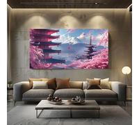 Decoration Murale Salon style japonais Fleurs de Cerisier Grand Tableau Asiatique Mont Fuji Impression sur Toile Murale Peinture à l'encre Torii 60x120cm Peinture pour Chambre et Bureau, Art Decoratif
