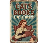 Décoration murale vintage en étain avec livres « Cats Life Is » - Plaque d'art vintage pour jardin, magasin, café - 20,3 x 30,5 cm - Plaques en aluminium imprimées