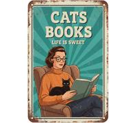 Décoration murale vintage en étain - Livres - Cats Life Is - Panneau d'art vintage pour jardin, magasin, café - 20,3 x 30,5 cm - Avec cadre en métal noir - Plaques en aluminium imprimées