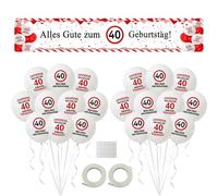 Décoration pour 40e anniversaire pour femmes et hommes - Joyeux 40e anniversaire - Panneau de signalisation amusante - Fournitures de fête - Bannière pour 40e anniversaire et ballons rouges et blancs
