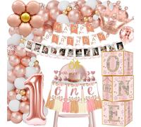 Décoration pour un premier anniversaire : coffret de ballons, guirlande, décoration de gâteau, couleur rose gold