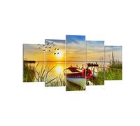 Décoration Salon Bateau Lac Coucher de soleil l'été les gens Moderne Impression sur Toile 160x85cm Image Tableau Decoration Murale Chambre Triptyque 5 parties Art Tableaux Decoratifs EA160x85-3053