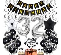Décorations 32ème Anniversaire, Topper Gâteau Noir Anniversaire 32 Hommes, Décoration de Fête Noir et Blanc, 32ème Anniversaire Femme Homme, Cake Topper 32ème Anniversaire Homme Femme, Décoration Anni
