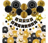 Décorations Anniversaire Noir et Doré Or, Guirlande de Pompon en Papier de Soie, Ballon Noir Or, Banderole Joyeux Anniversaire pour Femme, Homme, Mariage, Fête, Noël