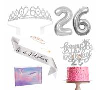 Décorations argentées pour 26e anniversaire pour elle, ensemble de ruban et diadème, couronne, gâteau d'anniversaire, chiffre 26, ballons en aluminium, bougies, cadeaux d'anniversaire pour elle et