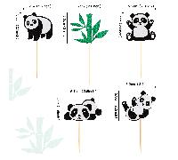 Décorations créatives pour gâteau d'anniversaire - Cure-dents de décoration de cupcakes avec panda noir et blanc sur fond bambou vert brillant, thème jungle d'ours mignon Ensemble Panda cinq pièces (2