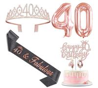 Décorations d'anniversaire 40 ans pour femmes avec écharpe noire et couronne, décoration de gâteau et bougies, nombre de ballons or rose, cadeaux de 40 ans pour les femmes