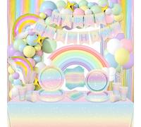 Décorations d'anniversaire arc-en-ciel pastel, Inclut une bannière de Happy Birthday, Nappe, assiettes en papier, serviettes, ballons pour les décorations de fête d'anniversaire, pour 20