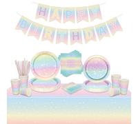Décorations d'anniversaire arc-en-ciel pastel, Inclut une bannière de Happy Birthday, Nappe, assiettes en papier, serviettes, gobelets pour les décorations de fête d'anniversaire, pour 20