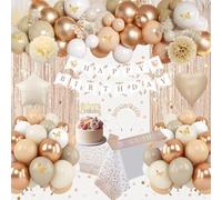 Décorations d'anniversaire beige crème et neutre avec bannière « Happy Birthday », ballons beiges, abricot, champagne, doré, écharpe, nappe, rideau à franges, papillon pour femmes et filles