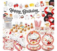 Décorations d'anniversaire de chef, décoration de fête de cuisine, assiettes, tasses, serviettes, nappe, bannière joyeux anniversaire, décoration de gâteau en ballon, fournitures de cuisine, sert 20