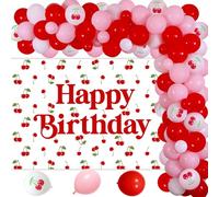 Décorations d'anniversaire en forme de cerises - Toile de fond « Happy Brithday » - Guirlande de ballons rouges et roses - Kit d'arche avec ballons rouges en forme de cerise - Décorations de fête