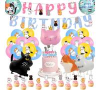 Décorations D'Anniversaire En Forme De Chat Set Compris Airwalker Cat Inflatable Ballons Cake Topper Happy Birthday Bannière Globos De Látex y Aluminio Déco Pour La Fête d'Anniversaire Des Enfants