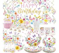 Décorations d'anniversaire florales Assiettes, tasses, serviettes, nappe, toile de fond « Happy Birthday » Tourbillons à suspendre pour le printemps et l'été