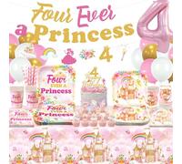 Décorations d'anniversaire « Four Ever a Princess », comprend une bannière, des assiettes, des serviettes, des décorations de gâteaux, des ballons, des nappes, pour 4e anniversaire
