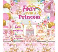 Décorations d'anniversaire « Four Ever a Princess », comprend une toile de fond, des assiettes, des serviettes, des décorations de gâteau, des ballons, des nappes, pour 4e anniversaire de fille, pour
