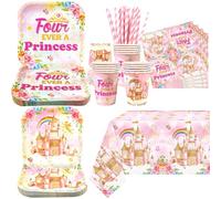 Décorations d'anniversaire « Four Ever a Princess », y compris assiettes, tasses, serviettes, nappes, pailles, pour 4e anniversaire de fille, pour 20 ans