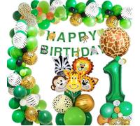 Décorations d'anniversaire - Jungle - Garçon - Ballons verts - Bannière joyeux anniversaire - 1 an