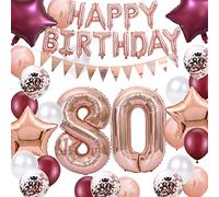 Décorations d'anniversaire pour 80e anniversaire - Rouge vin pour femme - Ballons « Happy Birthday » - Bannière numéro 80 - Ballons d'anniversaire en forme d'étoile or rose avec confettis pour 80e