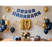 Décorations de 10e anniversaire pour garçons, bannière d'anniversaire en forme de chiffre 10 - Ballons en latex bleu marine métallisé avec confettis dorés pour garçons, lui, fils, à double chiffre -