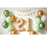 Décorations de 21e anniversaire - Bannière bohème blanc sable, nude doré métallique en forme de chiffre 21 - Ballons en aluminium vert olive pour homme et femme - Fournitures de fête pour petit ami