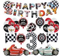 Décorations de 3e anniversaire de voiture de course pour garçon - Ballons sur le thème de la voiture de course - Bannière « Happy 3rd Birthday » - Ballons en aluminium pour garçon et fille