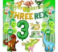 Décorations de 3e anniversaire dinosaures - Bannière verte « Happy Birthday » - Bannière à trois ballons Rex - Rideau de ballons en aluminium - Ballons imprimés dinosaures pour garçons et filles