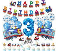 Décorations de 3e anniversaire en forme de train pour garçons - Fournitures de fête avec ballons en aluminium en forme de chiffre - Bannière d'anniversaire - Ballons en latex pour enfants