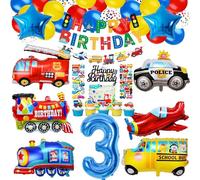 Décorations de 3e anniversaire pour garçon - Ensemble de fête sur le thème des véhicules de transport comprend une bannière, des autocollants en latex pour décoration de gâteau, train, avion, camion