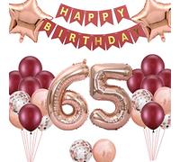 Décorations de 65e anniversaire rouge vin pour femme, bannière « Happy Birthday » ballons en forme d'étoile, or rose, rouge, confettis pour elle, maman, 65 ans