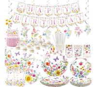 Décorations de fête à motif fleurs sauvages, fournitures de fête d'anniversaire, assiettes, tasses, serviettes, nappe, bannière « Happy Birthday », tourbillons à suspendre pour le printemps, l'été,