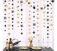 Décorations de fête d'anniversaire 30 Ans, Noir Dorées 30 Cercle Points Étoile Scintillante Guirlande Métallique Suspendue pour célébration du 30e Anniversaire Hommes Femmes Joyeux fête d'anniversaire