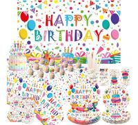 Décorations de fête d'anniversaire à pois colorés, assiettes, tasses, serviettes, nappe, toile de fond « Happy Birthday », décoration de gâteau pour à pois arc-en-ciel, fournitures pour