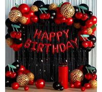 Décorations de fête d'anniversaire Cherry Leopard avec ballons rouges et noirs, rideaux à franges, bannière pour femmes, fournitures de fête pour 18, 30, 40 ans 87pcs cherry set