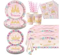 Décorations de fête d'anniversaire de princesse pour 20 invités, y compris assiettes à dîner, assiettes à dessert, tasses, serviettes, nappe, pailles, pour les filles Princesse Anniversaire