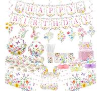 Décorations de fête d'anniversaire, fournitures de fête florales, assiettes, tasses, serviettes, nappes, bannières « Happy Birthday », tourbillons à suspendre pour le printemps, l'été, les