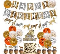 Décorations de fête d'anniversaire Léopard Guépard Happy Birthday Guirlande de gâteau pour garçons et filles Thème animaux