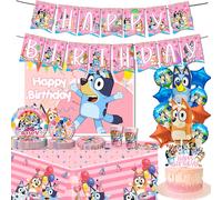 Décorations de fête d'anniversaire pour la famille Bluey/Bingo, ensemble d'assiettes en papier jetables, bannière, drapeau suspendu pour gâteau, ballon de fête pour chien Background cloth