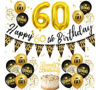 Décorations de fête de 60e anniversaire pour homme et femme - Fournitures de fête vintage 1966 avec bannière « Happy 60th Birthday », guirlande triangulaire, ensemble de ballons, décoration de gâteau