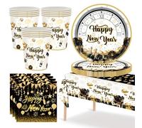 Décorations de Fête de Nouvel An JynxtoyZeal 2026 Fournitures de Fête Vaisselle Nouvel An Noir Or Assiettes en Papier Tasses Serviettes Happy New Year Nappe 24Invités