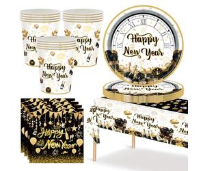 Décorations de Fête de Nouvel An JynxtoyZeal 2026 Fournitures de Fête Vaisselle Nouvel An Noir Or Assiettes en Papier Tasses Serviettes Happy New Year Nappe 24Invités