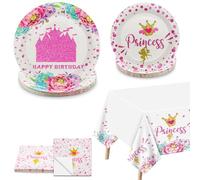 Décorations de fête de princesse - Décorations de château comprenant des assiettes en papier, des serviettes et une nappe rose pour fête prénatale - Fournitures de fête d'anniversaire - Pour 20