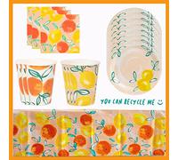 Décorations de fête d'été pour l'été ou l'anniversaire | Oranges & Citrons Agrumes | Comprend 20 x serviettes 16 x gobelets x 12 x assiettes, couverture de table en papier - 100% recyclable